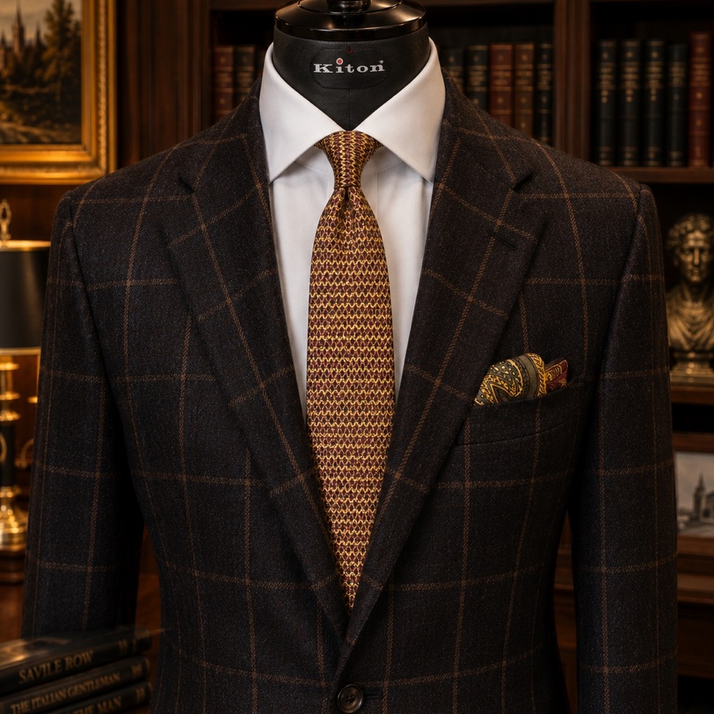Kiton Brown Windowpane 100% Cashmere Sport Coat with Tan Grid + Ferragamo Tie